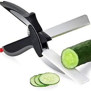 2-In-1 18/10 Steel Smart Clever Cutter Kitchen Knife Food Chopper And In Built Mini Chopping Board With Locking Hinge; With Spring Action; Stainless Steel Blade (Black)